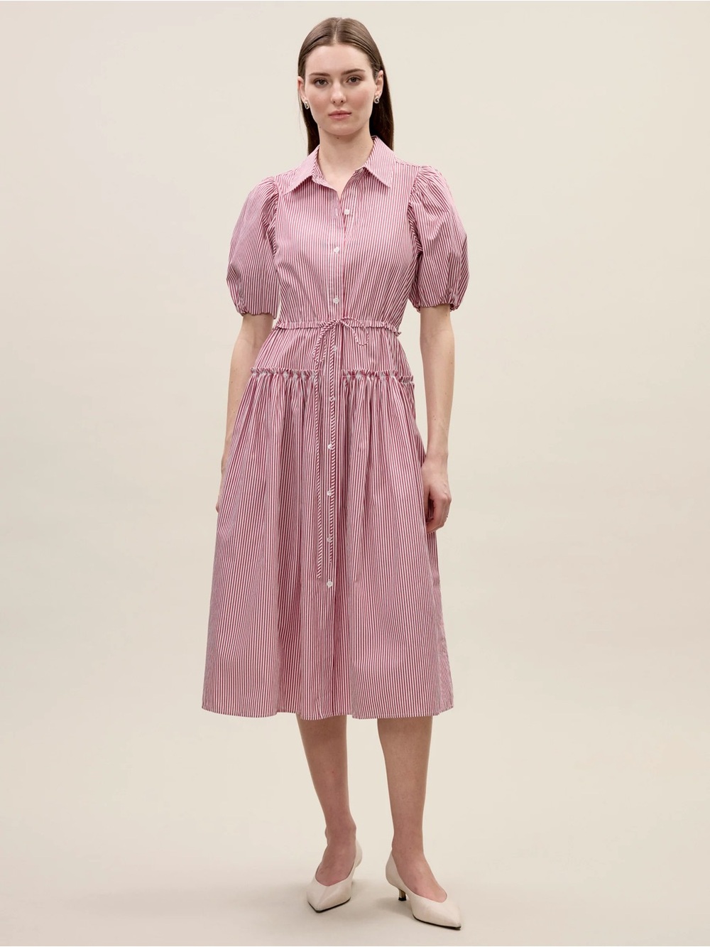 NWT Rebecca Taylor Poplin Puff Sleev Shirt Dress Red White Stripe Small